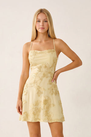 Yellow Spaghetti Straps A-Line Embroidered Tulle Homecoming Dress - KissProm