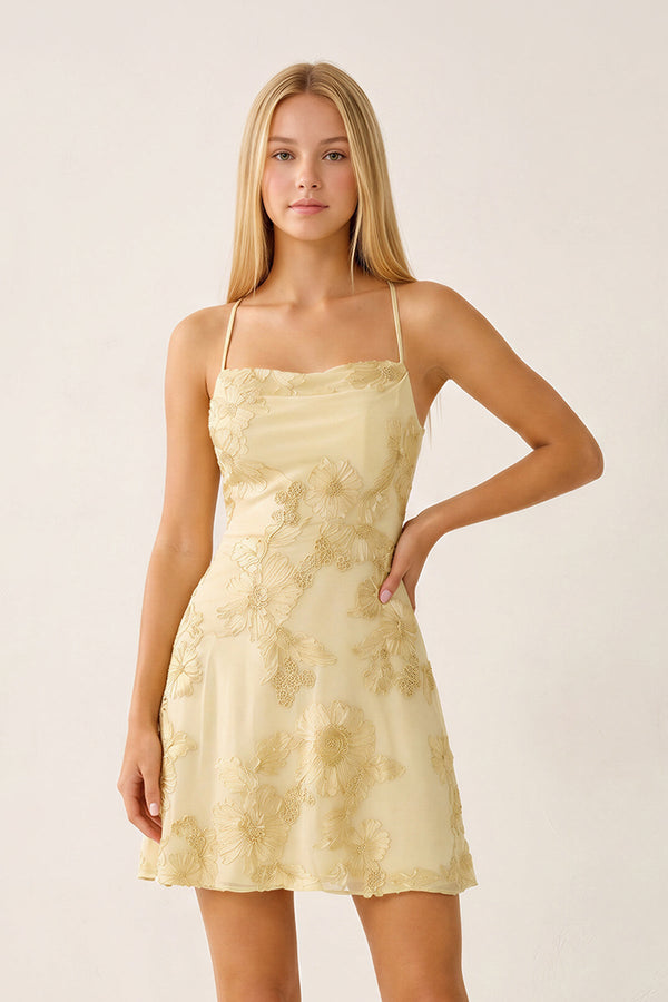 Yellow Spaghetti Straps A-Line Embroidered Tulle Homecoming Dress - KissProm
