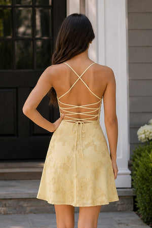 Yellow Spaghetti Straps A-Line Embroidered Tulle Homecoming Dress - KissProm