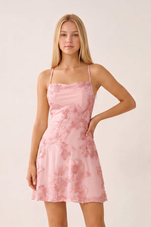 Pink Spaghetti Straps A-Line Embroidered Tulle Homecoming Dress | KISSPROM