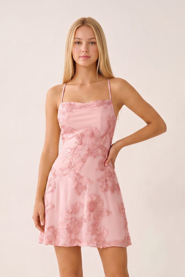 Pink Spaghetti Straps A-Line Embroidered Tulle Homecoming Dress | KISSPROM
