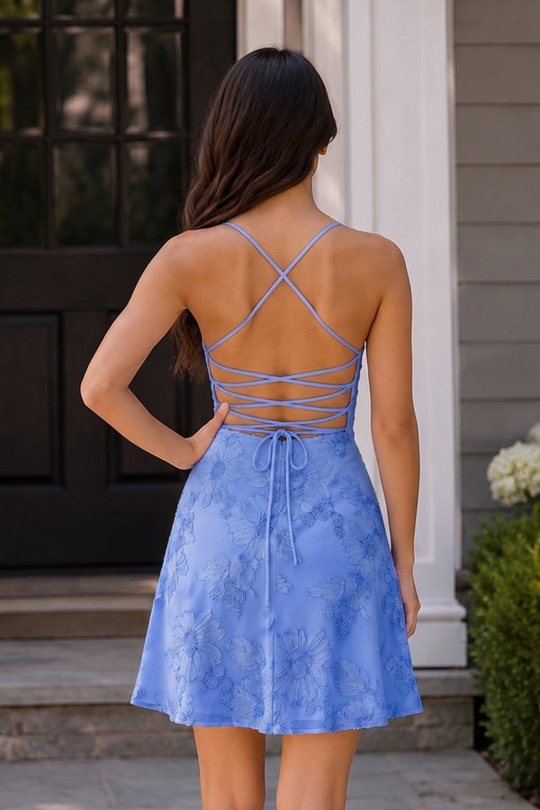Periwinkle Spaghetti Straps A-Line Embroidered Tulle Homecoming Dress | KISSPROM