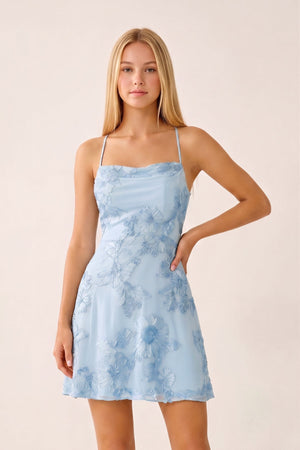 Sky Blue Spaghetti Straps A-Line Embroidered Tulle Homecoming Dress | KISSPROM