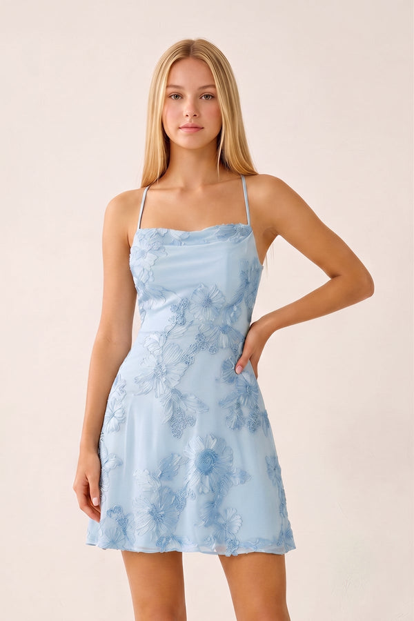 Sky Blue Spaghetti Straps A-Line Embroidered Tulle Homecoming Dress | KISSPROM