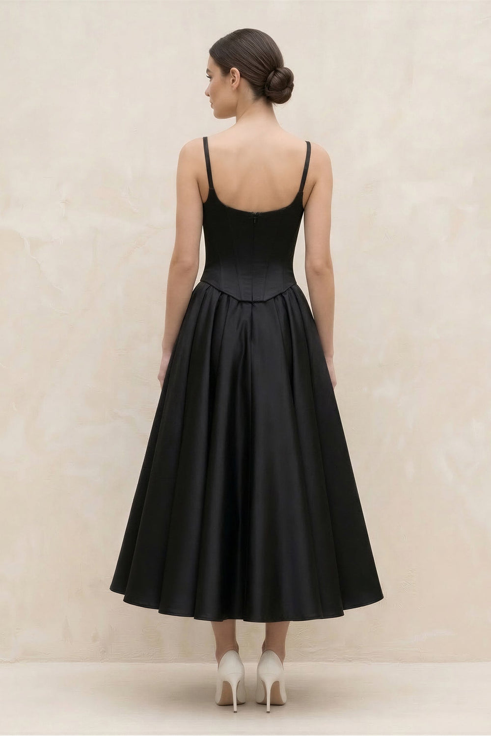 Spaghetti Straps A - Line Satin Midi Wedding Dress in Black - KissProm Wedding Dresses