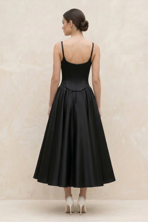 Spaghetti Straps A - Line Satin Midi Wedding Dress in Black - KissProm Wedding Dresses