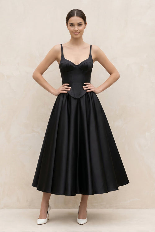 KissProm |Spaghetti Straps A-Line Satin Midi Wedding Dress in Black KissProm |Spaghetti Straps A-Line Satin Midi Wedding Dress in Black