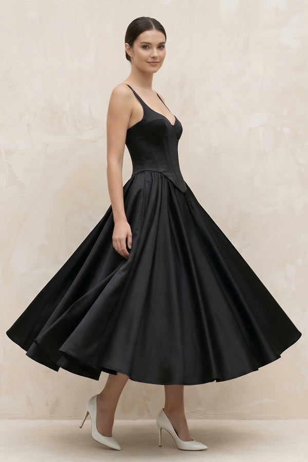 Spaghetti Straps A - Line Satin Midi Wedding Dress in Black - KissProm Wedding Dresses