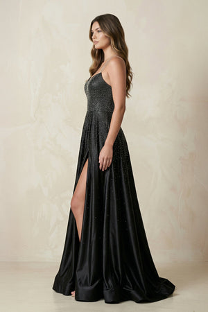 Spaghetti Straps A - Line Satin Wedding Dress With Beading in Black - KissProm Wedding Dresses