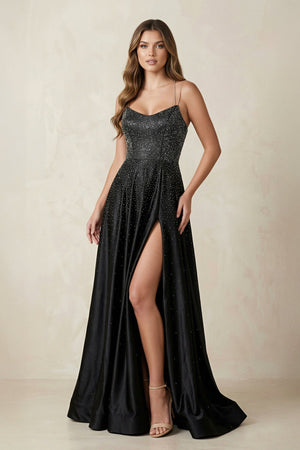 Spaghetti Straps A - Line Satin Wedding Dress With Beading in Black - KissProm Wedding Dresses