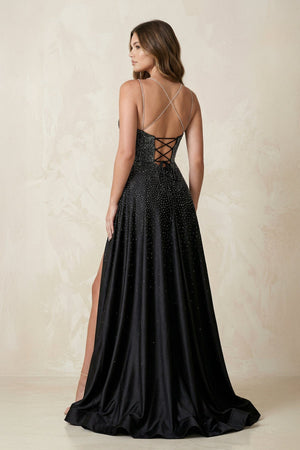 Spaghetti Straps A - Line Satin Wedding Dress With Beading in Black - KissProm Wedding Dresses