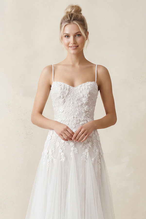 Spaghetti Straps A - Line Tulle Appliqued Wedding Dress in White - KissProm Wedding Dresses