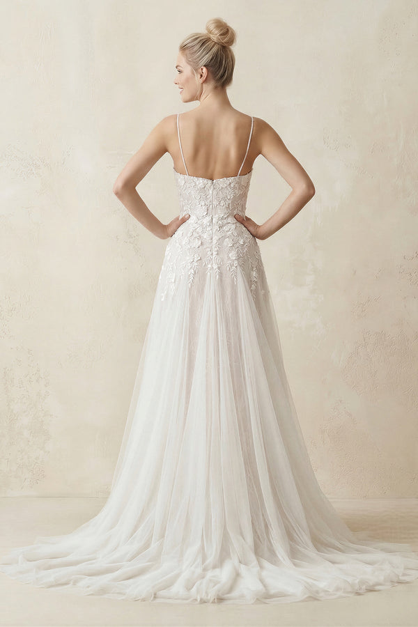 Spaghetti Straps A - Line Tulle Appliqued Wedding Dress in White - KissProm Wedding Dresses