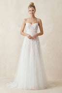 Spaghetti Straps A - Line Tulle Appliqued Wedding Dress in White - KissProm Wedding Dresses