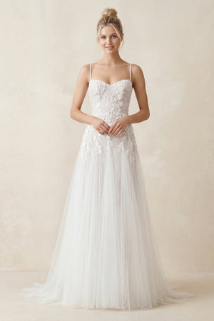 Spaghetti Straps A - Line Tulle Appliqued Wedding Dress in White - KissProm Wedding Dresses