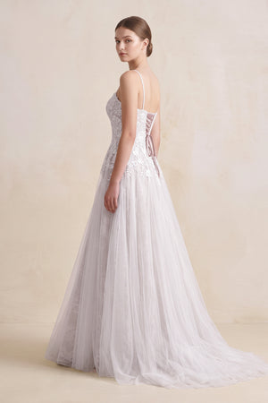 White Spaghetti Straps A - Line Tulle Appliqued Wedding Dress in White - KissProm Wedding Dresses