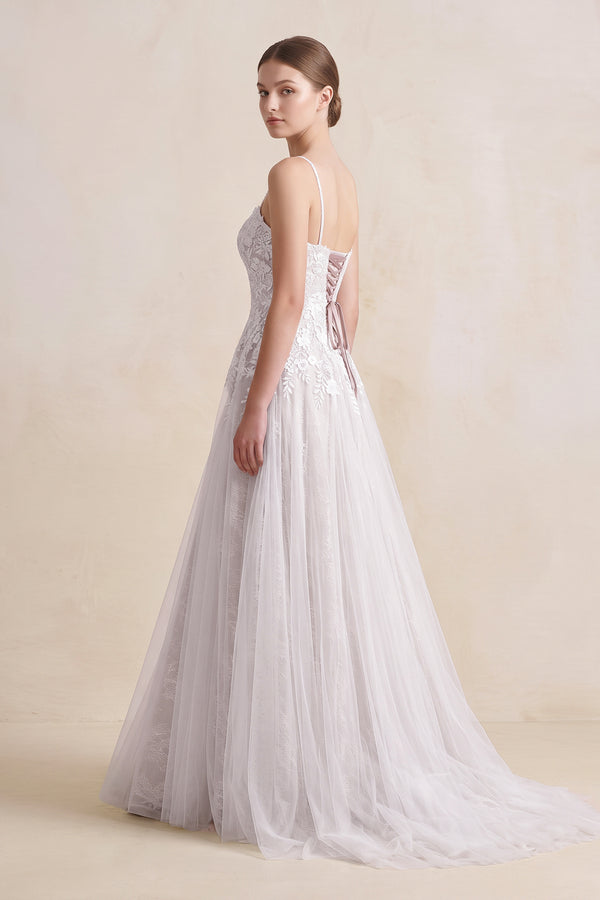 White Spaghetti Straps A - Line Tulle Appliqued Wedding Dress in White - KissProm Wedding Dresses