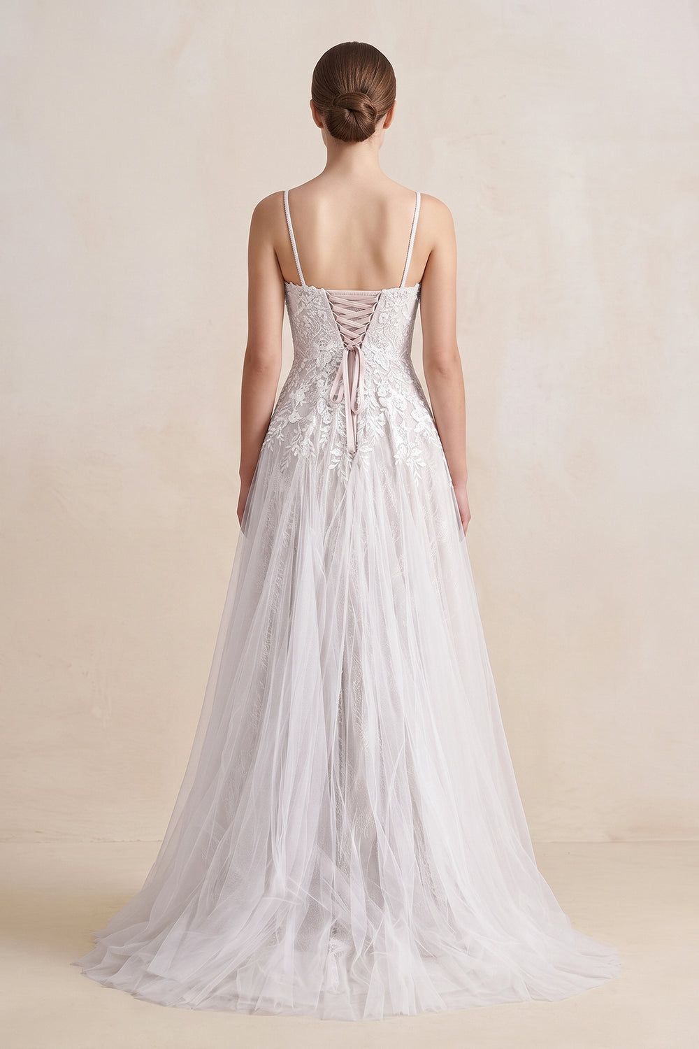 White Spaghetti Straps A - Line Tulle Appliqued Wedding Dress in White - KissProm Wedding Dresses