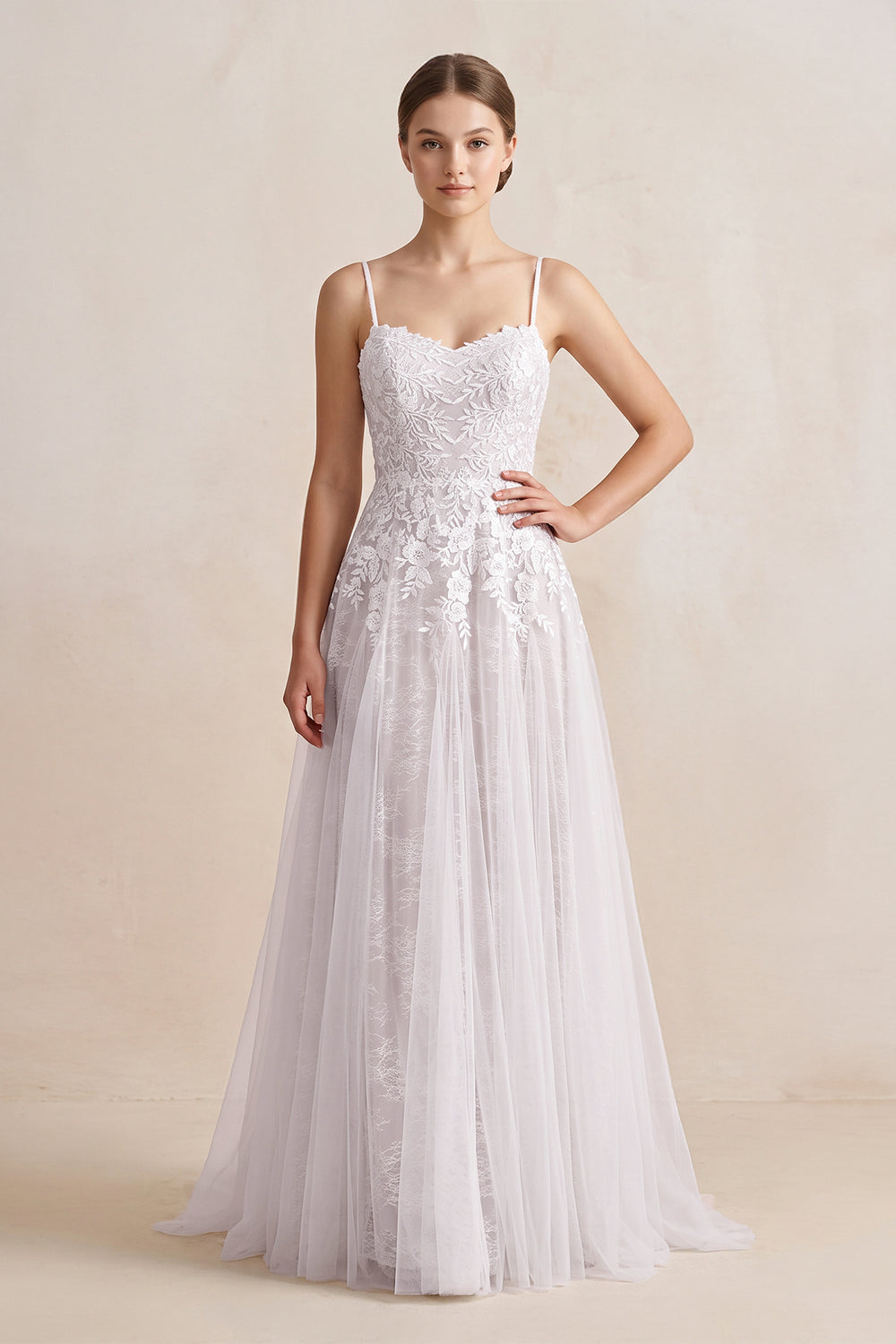 White Spaghetti Straps A - Line Tulle Appliqued Wedding Dress in White - KissProm Wedding Dresses