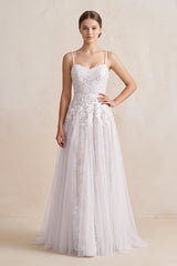 White Spaghetti Straps A - Line Tulle Appliqued Wedding Dress in White - KissProm Wedding Dresses