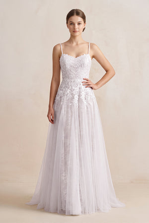 White Spaghetti Straps A - Line Tulle Appliqued Wedding Dress in White - KissProm Wedding Dresses