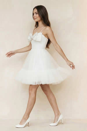 Spaghetti Straps A - line Tulle Bow Wedding Dress With Beading in White - KissProm Wedding Dresses