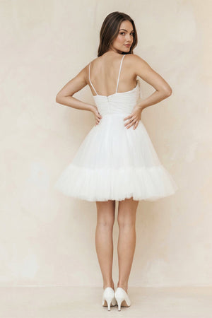 Spaghetti Straps A - line Tulle Bow Wedding Dress With Beading in White - KissProm Wedding Dresses