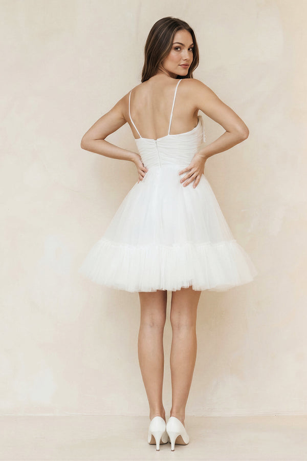Spaghetti Straps A - line Tulle Bow Wedding Dress With Beading in White - KissProm Wedding Dresses