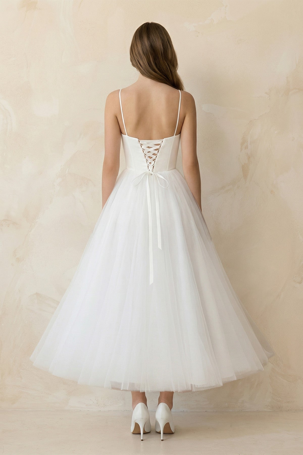 A-Line Spaghetti Straps White Satin Tulle Tea-Length Wedding Dresses A-Line Spaghetti Straps White Satin Tulle Tea-Length Wedding Dresses