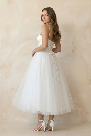 A-Line Spaghetti Straps White Satin Tulle Tea-Length Wedding Dresses – Wedding Dresses by KissProm | Available at KissProm
