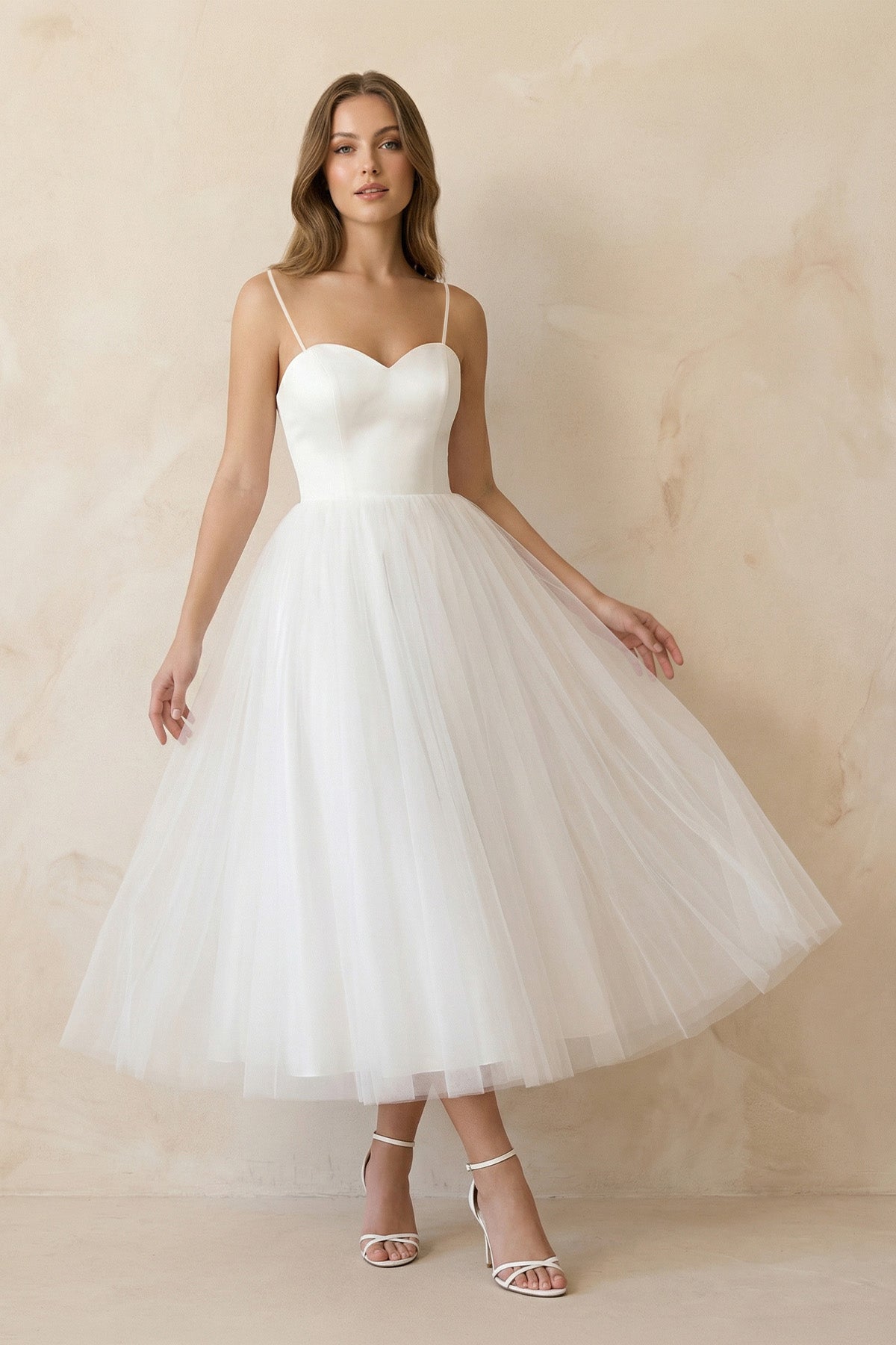 KissProm A-Line Spaghetti Straps White Satin Tulle Tea-Length Wedding Dresses, Diamond White / Custom Size