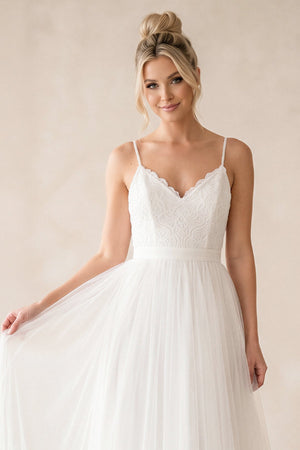 Spaghetti Straps A - Line Tulle Ruched Wedding Dress in White - KissProm Wedding Dresses