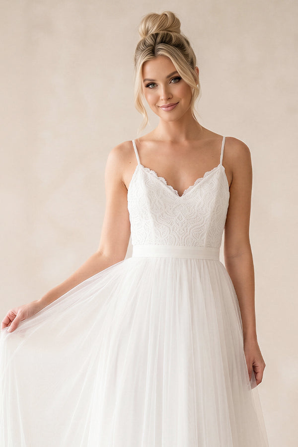 Spaghetti Straps A - Line Tulle Ruched Wedding Dress in White - KissProm Wedding Dresses