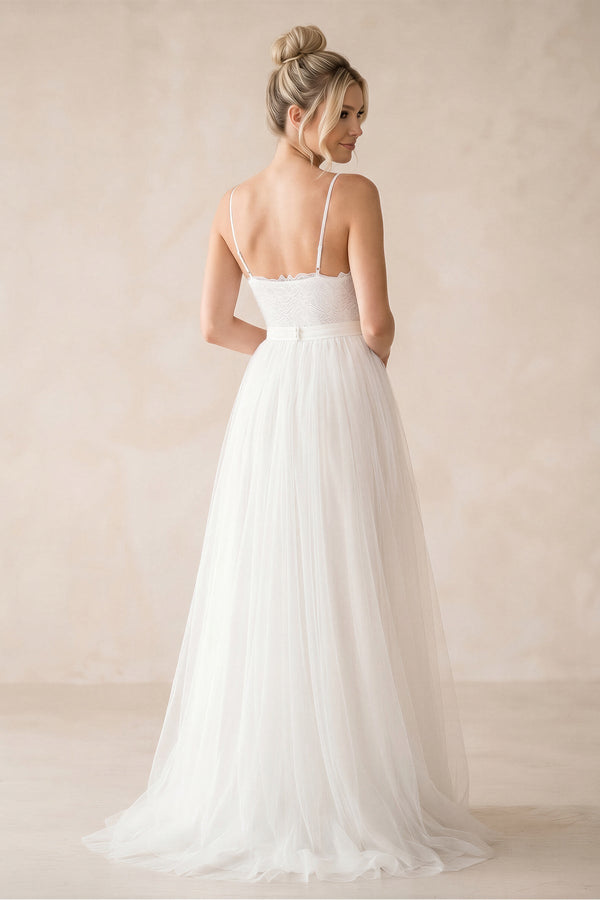 Spaghetti Straps A - Line Tulle Ruched Wedding Dress in White - KissProm Wedding Dresses