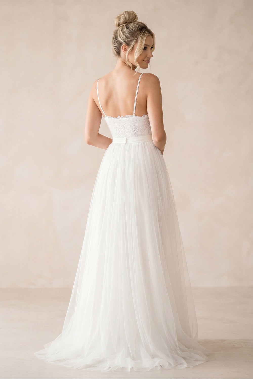 A-Line Tulle Spaghetti Straps Wedding Dresses With Lace Appliques – Wedding Dresses by KissProm | Available at KissProm