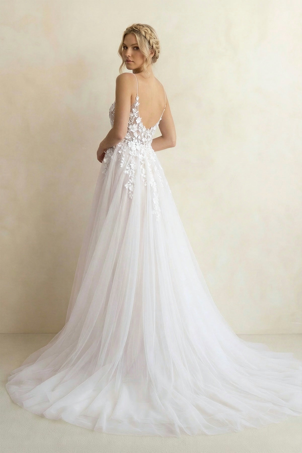 Spaghetti Straps V-Neck Lace Appliques A-line Tulle Rustic Wedding Dress, White-Nude / 12 Spaghetti Straps V-Neck Lace Appliques A-line Tulle Rustic Wedding Dress, White-Nude / 12