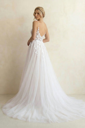 Hind | Spaghetti Straps V-Neck Lace Appliques A-line Tulle Rustic Wedding Dress