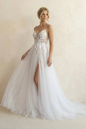 Hind | Spaghetti Straps V-Neck Lace Appliques A-line Tulle Rustic Wedding Dress