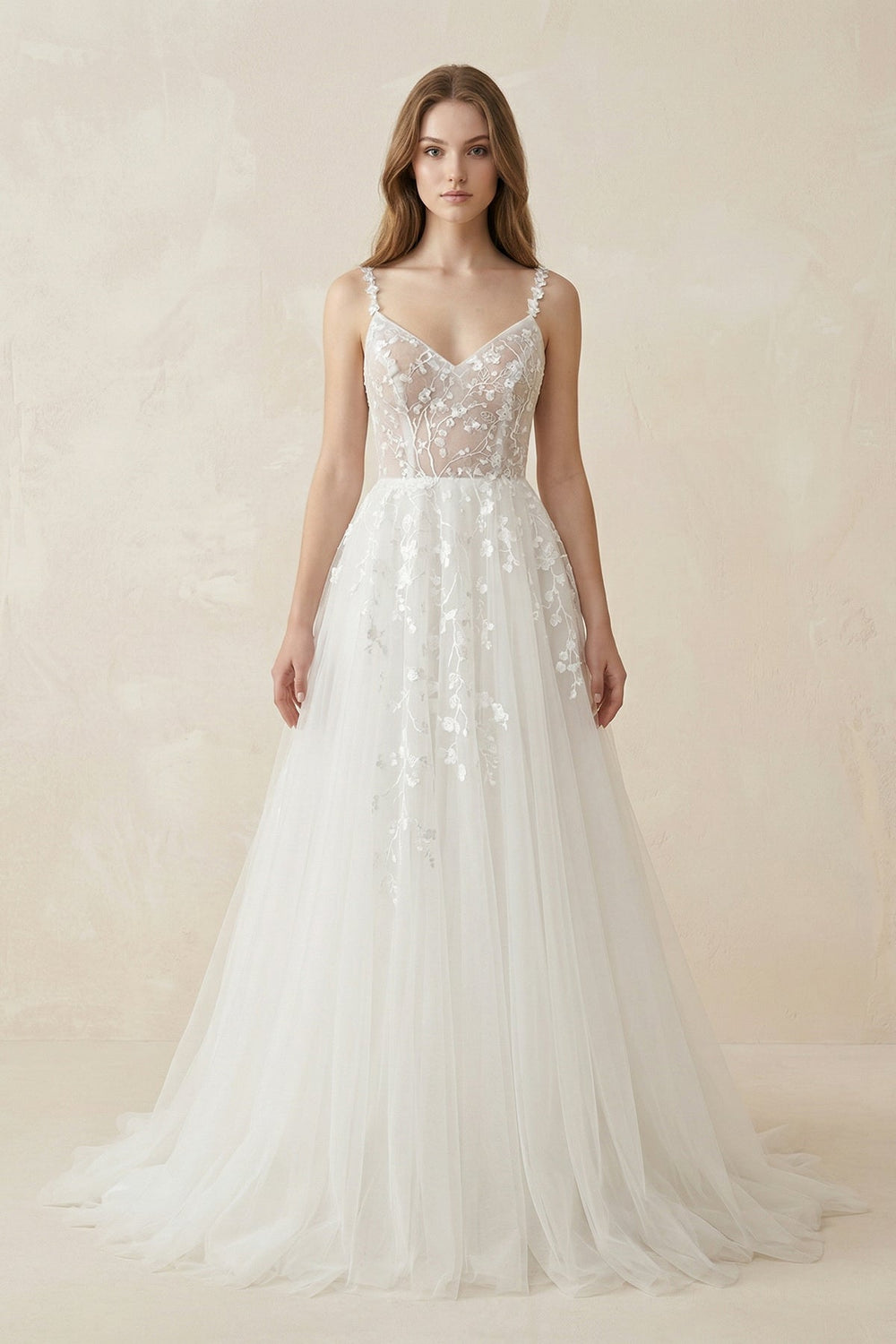 Spaghetti - Straps A - Line Tulle Wedding Dress With Lace Appliques in White - KissProm Wedding Dresses