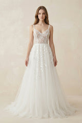 Spaghetti - Straps A - Line Tulle Wedding Dress With Lace Appliques in White - KissProm Wedding Dresses
