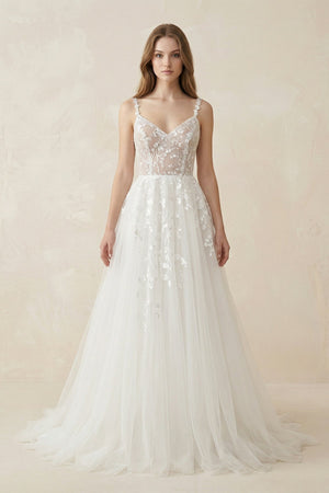 Spaghetti - Straps A - Line Tulle Wedding Dress With Lace Appliques in White - KissProm Wedding Dresses