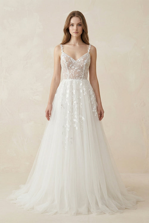Spaghetti - Straps A - Line Tulle Wedding Dress With Lace Appliques in White - KissProm Wedding Dresses