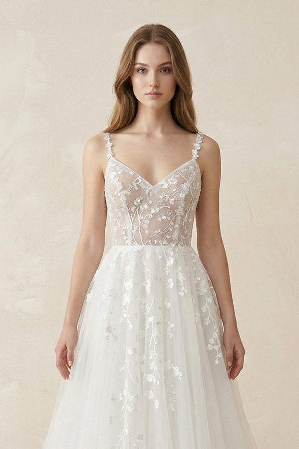 Spaghetti - Straps A - Line Tulle Wedding Dress With Lace Appliques in White - KissProm Wedding Dresses