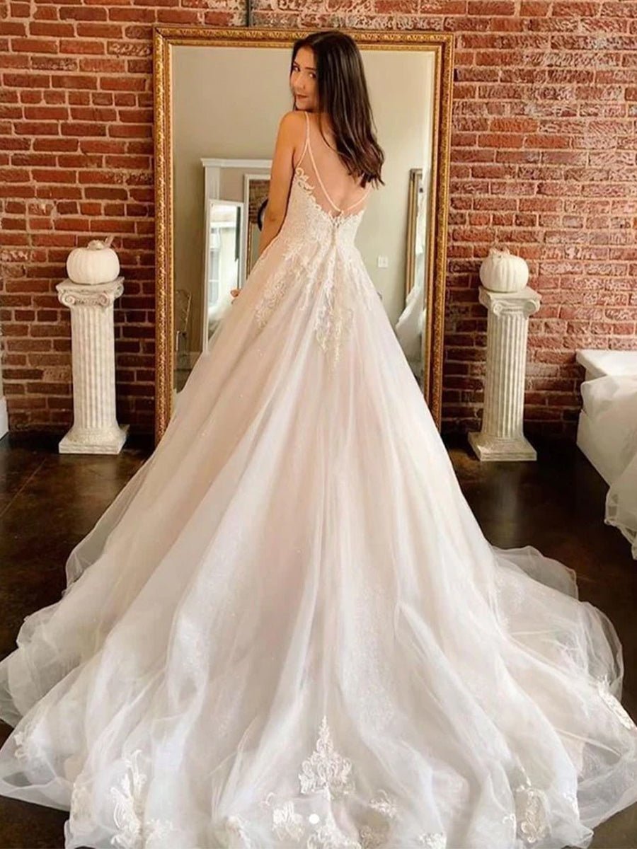 Spaghetti Straps White A Line Tulle Wedding Dresses with Lace Appliques - KissProm