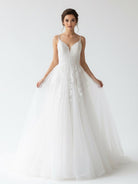 Spaghetti Straps White A Line Tulle Wedding Dresses with Lace Appliques - KissProm