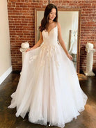 Spaghetti Straps White A Line Tulle Wedding Dresses with Lace Appliques - KissProm