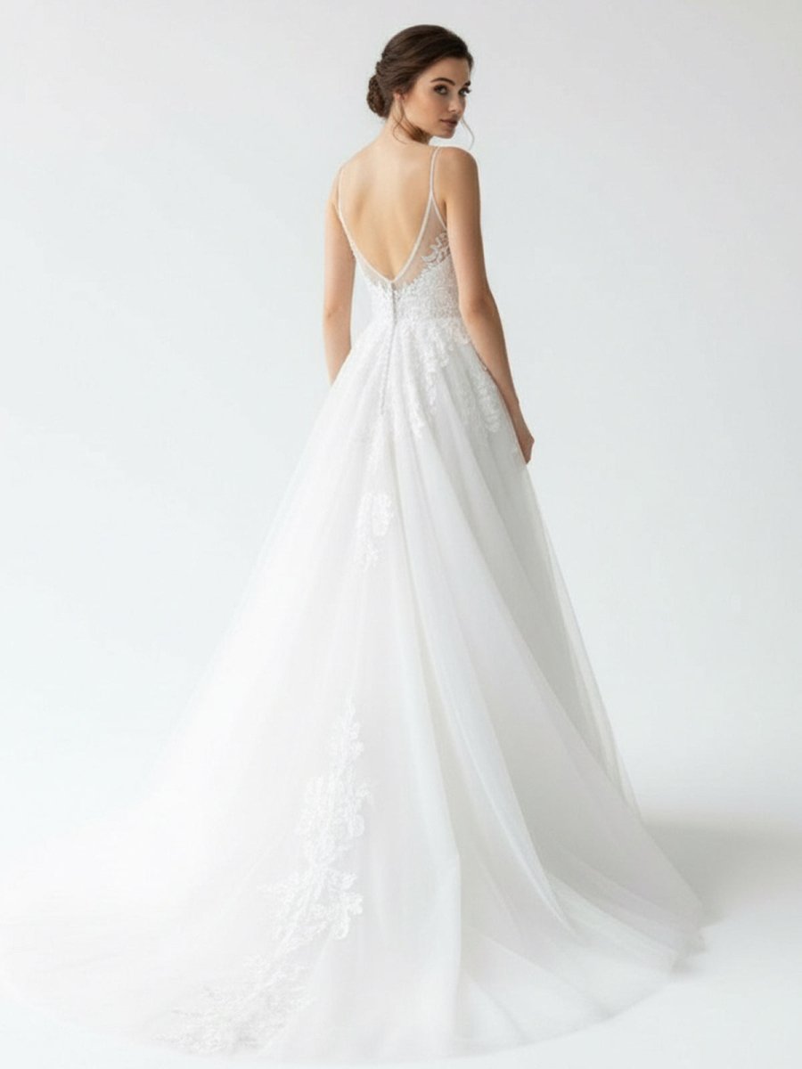 Spaghetti Straps White A Line Tulle Wedding Dresses with Lace Appliques - KissProm