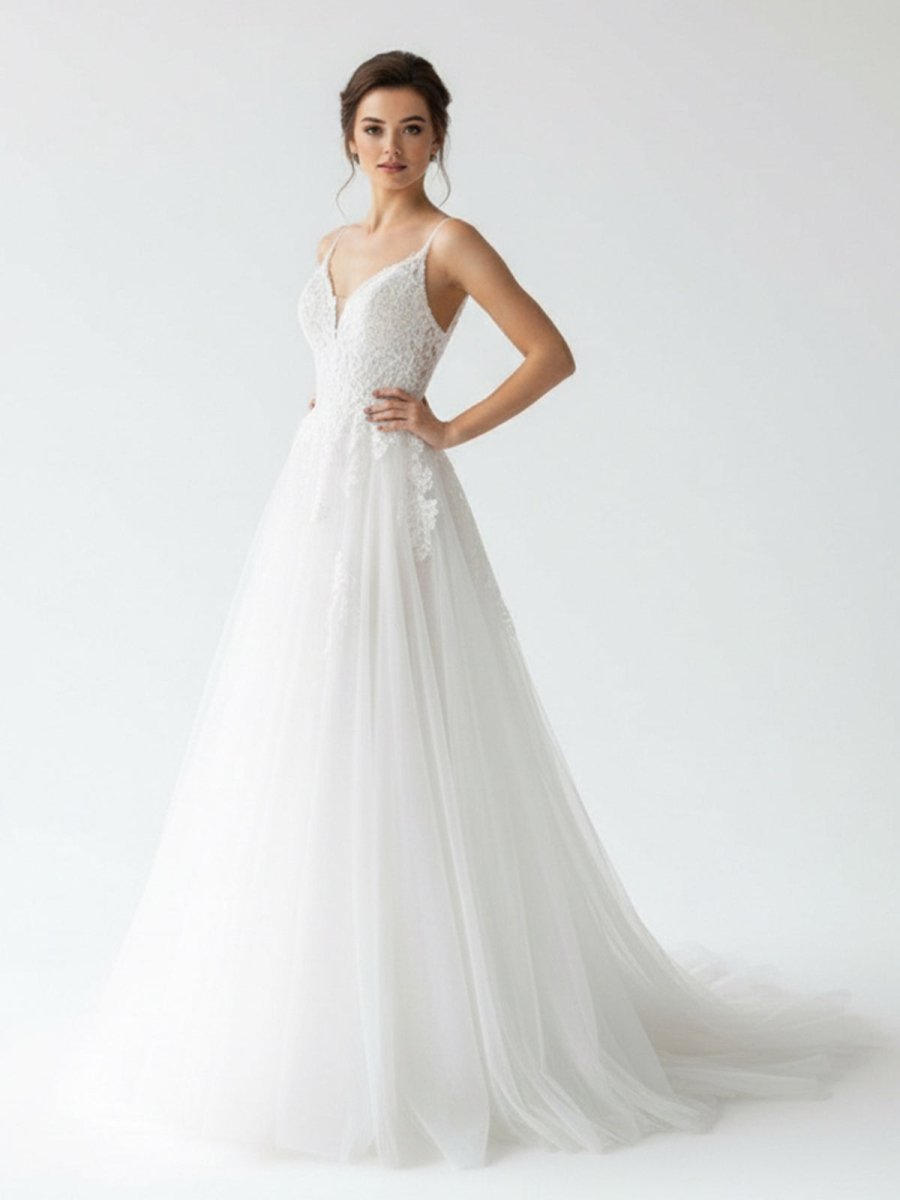 Spaghetti Straps White A Line Tulle Wedding Dresses with Lace Appliques - KissProm