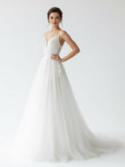 Spaghetti Straps White A Line Tulle Wedding Dresses with Lace Appliques - KissProm
