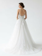 Spaghetti Straps White A Line Tulle Wedding Dresses with Lace Appliques - KissProm